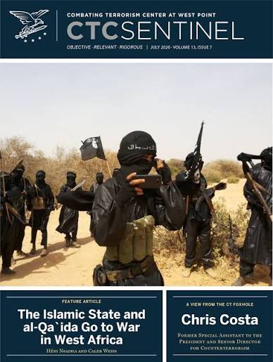 Cover of CTC Sentinel, July 2020, featuring an article on the Islamic State and al-Qaeda in West Africa, with an image of armed individuals in a desert landscape.