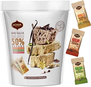 A bag of Achva Mini Halva snacks with a 50% sesame content, featuring three individually wrapped halva bars in various flavors.