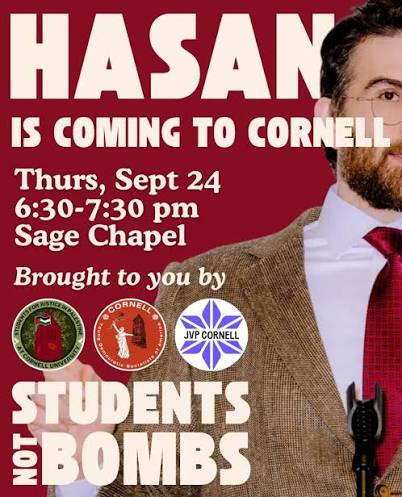 Event poster announcing Hasan's talk at Cornell on September 24, from 6:30 to 7:30 pm at Sage Chapel, sponsored by student organizations.