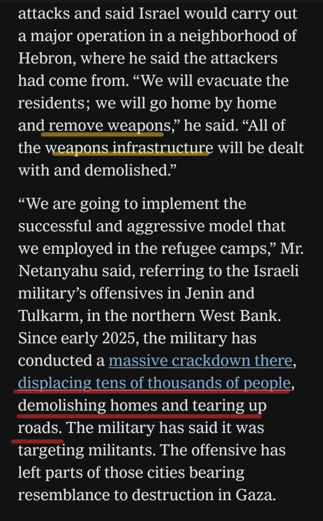 Text excerpt discussing Israeli military operations in Hebron and the West Bank, focusing on evacuating residents and dismantling weapons infrastructure.