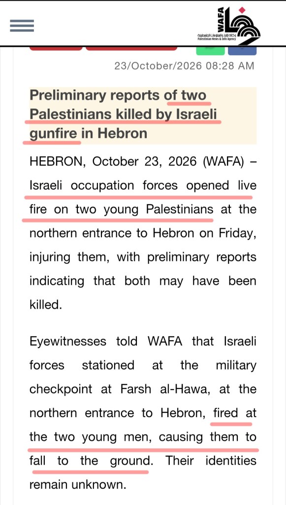 News article reporting on two Palestinians killed by Israeli gunfire in Hebron, October 23, 2026.