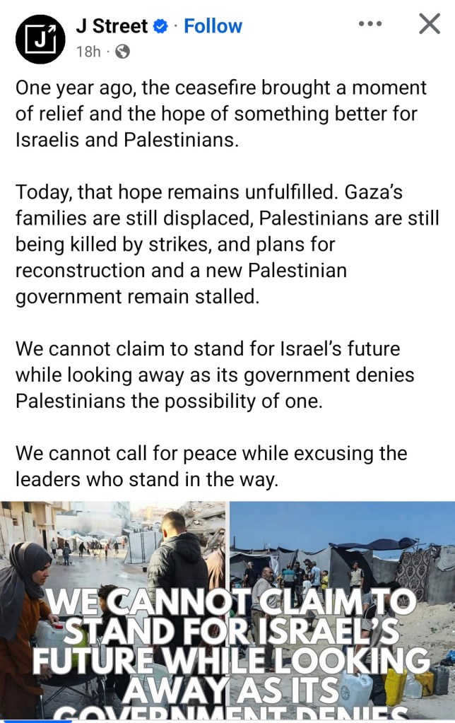 A social media post from J Street discussing the ongoing struggles of Israelis and Palestinians, emphasizing unfulfilled hopes for peace and the plight of displaced families in Gaza.