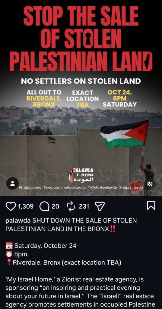 Graphic promoting an event against the sale of stolen Palestinian land in Riverdale, Bronx, highlighting the date and time.