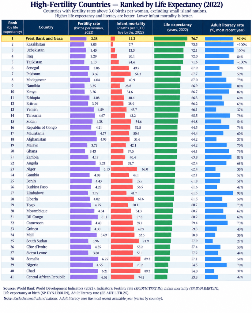 A colorful table ranking high-fertility countries by life expectancy in 2022, displaying columns for country name, fertility rate, infant mortality, life expectancy, adult literacy rate, and highlighting values with color coding.