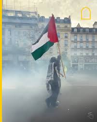 A person holding a Palestinian flag while walking through a foggy protest scene.