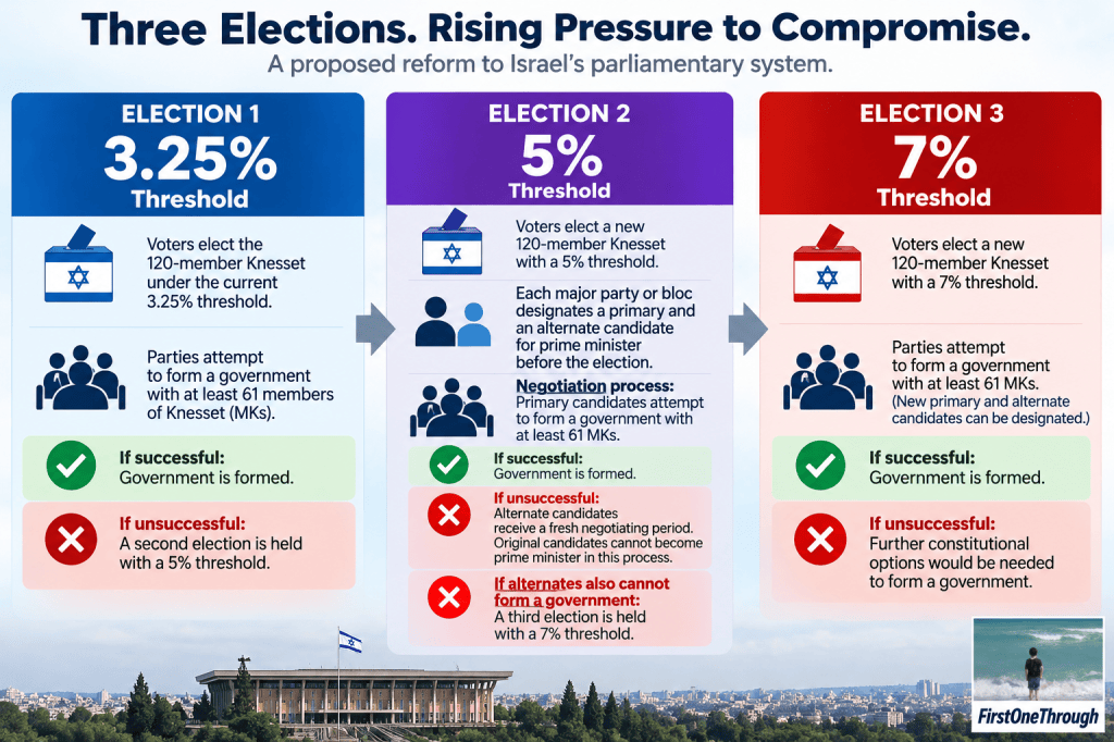 Infographic illustrating proposed reforms to Israel's parliamentary system across three elections, detailing thresholds and government formation processes for each election.
