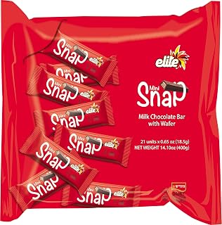 A packaging of Elite Mini Snap milk chocolate bars with wafer, featuring six visible bars against a red background, indicating a total of 21 units in the package.