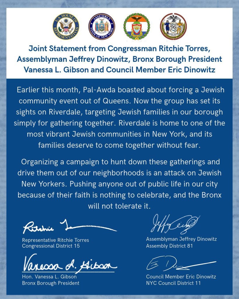 Joint statement from New York officials condemning attacks on Jewish community gatherings, emphasizing the right to assemble without fear.