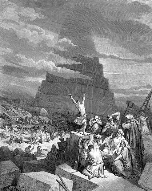 An illustration depicting the Tower of Babel with a group of people gathered in the foreground, some appearing distressed while others are engaged in construction activities.
